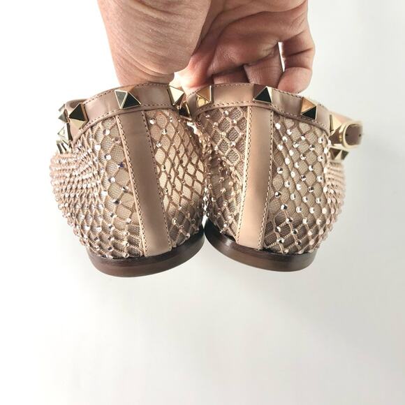 Valentino Rockstud Crystals Mesh Rose Cannelle Calfskin Ballerina Flats 40 - Picture 8 of 12